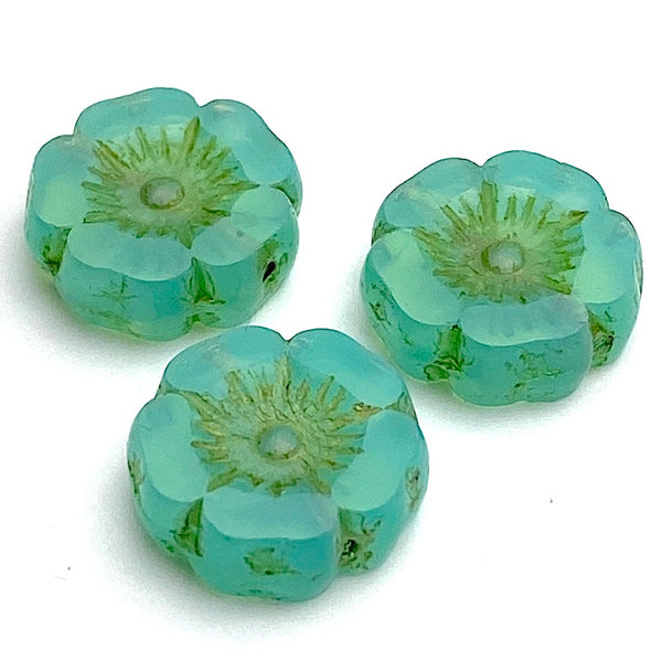 TWELVE Jade Green 1/2" Translucent Czech Glass Hibiscus Flower Beads,  2mm # L-034