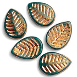 FIVE Leaf Beads, Dark Green/Copper Czech Glass 11/16" 12mm x 17mm,  Pack of 5, #L-081