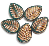 FIVE Leaf Beads, Dark Green/Copper Czech Glass 11/16" 12mm x 17mm,  Pack of 5, #L-081