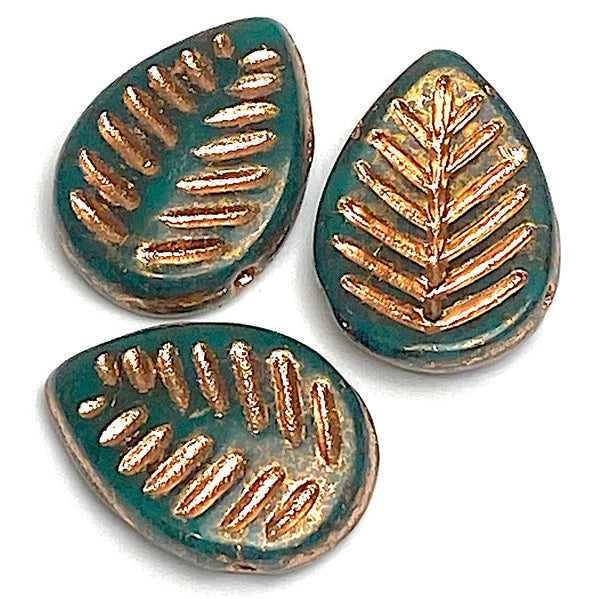 FIVE Leaf Beads, Dark Green/Copper Czech Glass 11/16" 12mm x 17mm,  Pack of 5, #L-081