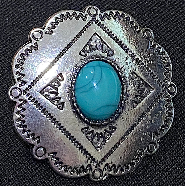 Shiny Silver Color w. Turquoise 1-1/8" Scalloped-Edge Southwest Shank Back Button # MV-34