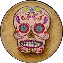 Sugar Skull, Pink with Blue Flower Eyes Button, Crystal Acrylic Dome,  1" Shank Back #SK-2024A