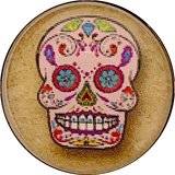 Sugar Skull, Pink with Blue Flower Eyes Button, Crystal Acrylic Dome,  1" Shank Back #SK-2024A