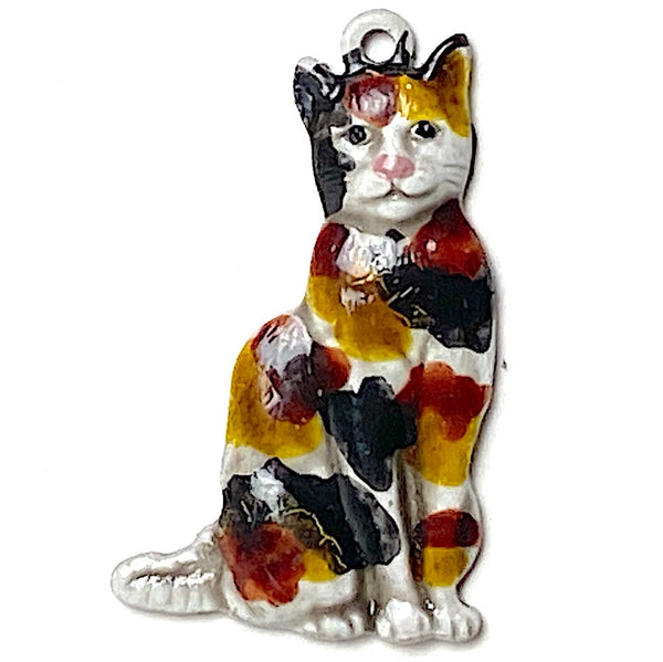 Sale, Cat Charm, Calico 7/8" Handpainted Metal Kitty by Susan Clarke  #SC-89