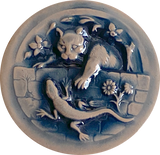 Kitty and Lizard, Art Stone Button, Taupe/Blue 1-7/8" #2025 By Susan Clarke