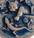 LAST ONES, Kitty and Lizard, Art Stone Button, Taupe/Blue 1-7/8" #2025 By Susan Clarke