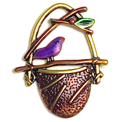 Bird on Basket Charm, 7/8" Handpainted Metal by Susan Clarke  #SC-1459