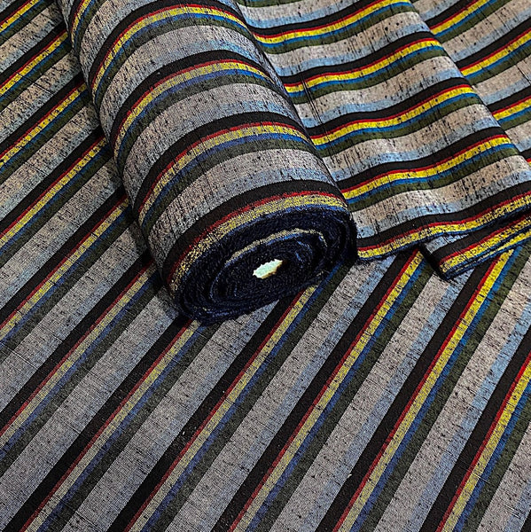 Charcoal Yarn-Dyed Black Slubby Stripe, Vintage Japanese Kimono Silk from Japan By the Yard  #612