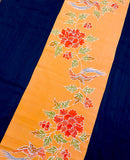 Birds, Peonies Orange-Apricot Katazome Vintage Kimono Silk, 14" x 77" PIECE  #220