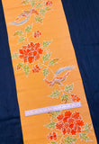 Birds, Peonies Orange-Apricot Katazome Vintage Kimono Silk, 14" x 77" PIECE  #220