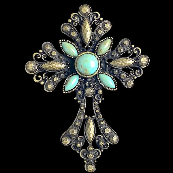 Large 3" Metal Cross with Five "Turquoise" Stones, Brass, Plain Back #SV-726