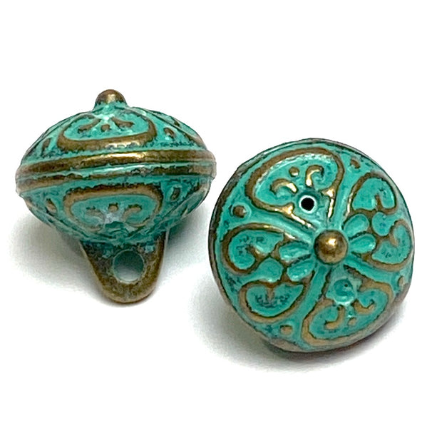 Green Patina/Brass, Bali Style Hollow Roundish Metal Charm/Button, 1/2",  Shank Back,  #L833