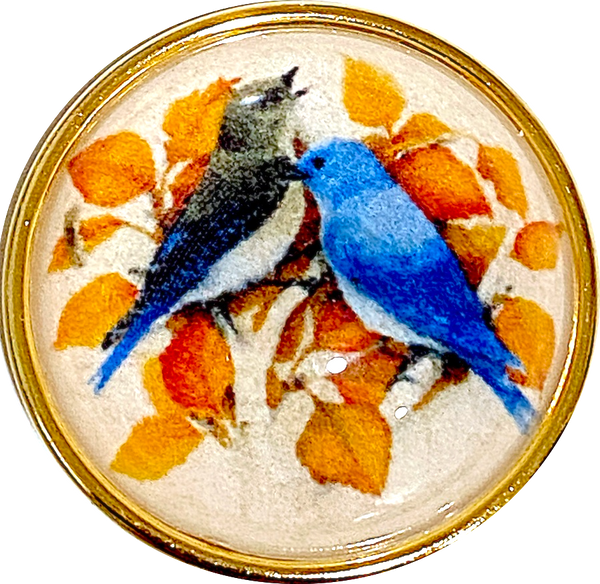 Blue Birds 1-1/2" Artisan Crystal Button, Gold Bezel, by Susan Clarke