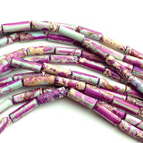 Re-Stocked, Tribal Magenta Gemstone Cylinder Tube Beads, 13mm x 4mm, 1/2" Long, Dyed Natural Imperial Jasper Strand of 27 #LP-35