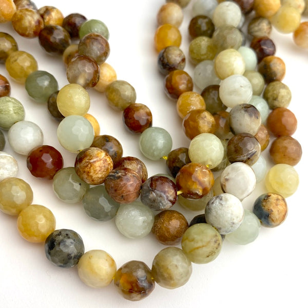 Round Jade Beads, Color Mix of Natural Xiuyan Jade 8mm, Faceted, 48-Bead Strand #LP-43