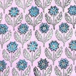 Blue / Pink Flowers Cotton Voile Hand Block Print from India 2-3/8 Yard PIECE #5056