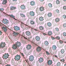 Blue / Pink Flowers Cotton Voile Hand Block Print from India by the Yard #5056