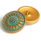 Turquoise/Gold Sunflower Czech Glass Button 3/4" 18mm  #CZ 144