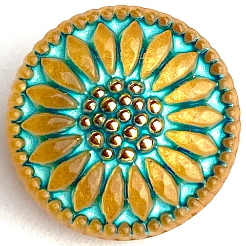 Turquoise/Gold Sunflower Czech Glass Button 3/4" 18mm  #CZ 144
