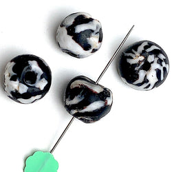 SALE, Black/White Recycled Glass, Little Zebra Lumpies, Beads from Africa, 12-14mm, Pack of FOUR #L269