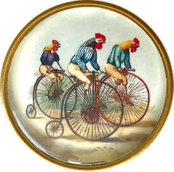 Re-Stocked, Bicycling Chickens / Roosters Crystal Dome Button 1.25" by Susan Clarke # SC-1129
