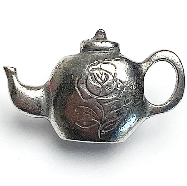 Tea Pot Pewter Teapot with Tiny Rose, Button, 7/8" / 22mm, Shank Back, Danforth Pewter, USA # FJ-129