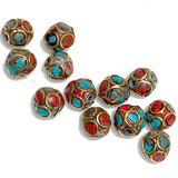 Rustic Stone-Chip Mosaic-Like Beads from Nepal, Turquoise + Coral 10mm / 3/8" TWELVE Beads # L775