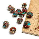 Rustic Stone-Chip Mosaic-Like Beads from Nepal, Turquoise + Coral 10mm / 3/8" TWELVE Beads # L775