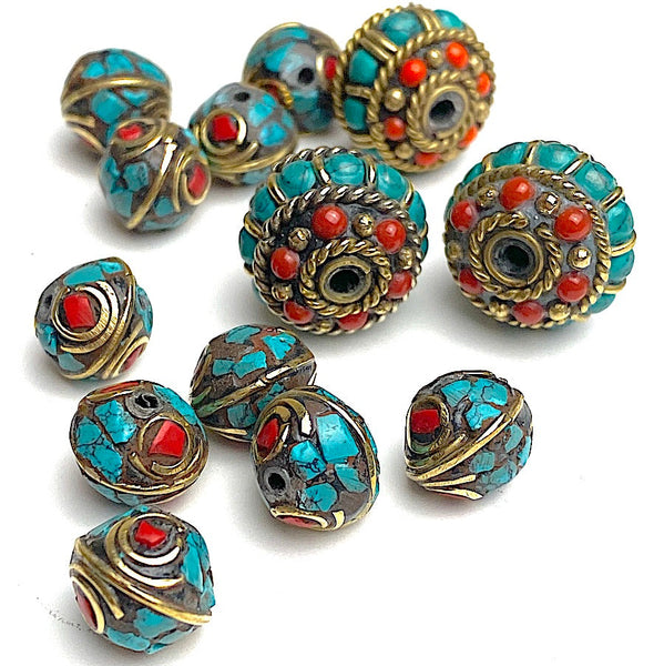 SALE Set of 13 Rustic Nepali Beads, Turquoise, Brass, Coral, 10 Small plus 3 Large # L772