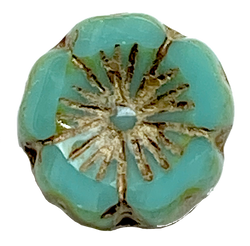 Turquoise / Taupe Hibiscus Flower Czech Glass Bead 9/16" / 14/15mm,  #LP-111