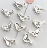 TEN Silver Metal Swirl-Bird Beads, 5/8" Shiny, Both Sides Usable, Pack of TEN  #LP-117