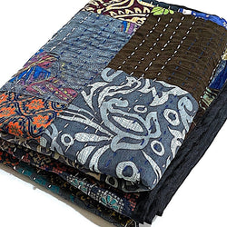 DEEPER SALE Sari Kantha, Black/Brown/Multi, Hand Stitched Patchwork Quilt/Throw 39" x 59" #KN-25