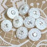SALE, White Pearl Glass 9/16" Crystal Center Czech Glass Button 14mm, #CZ 109
