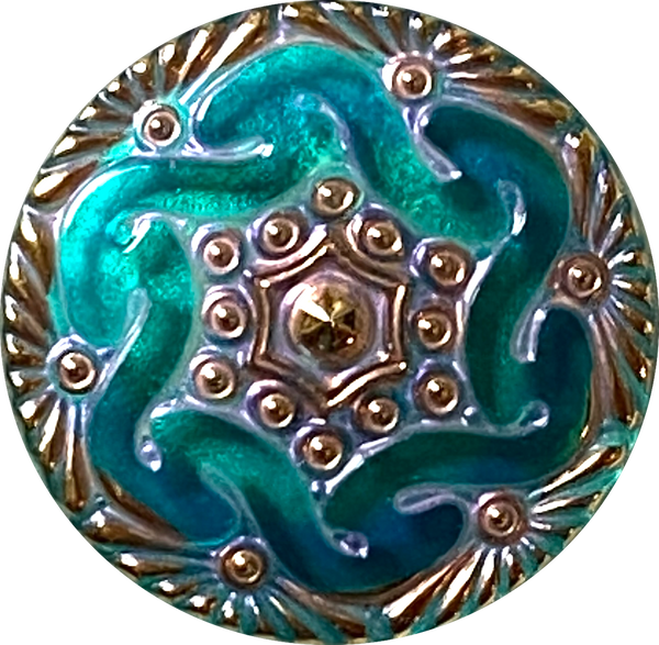 SALE Emerald-Teal Hand Painted Czech "Lacy Glass" Button 1-1/16", Susan Clarke  #SC1519B