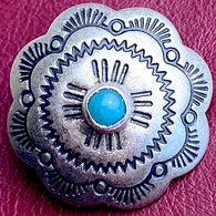 Re-Stocked, Blue Bead Sunrise 1" Concho Button Antique Silver, Scallop Edge, "Turquoise",  Shank Back  #SW-224