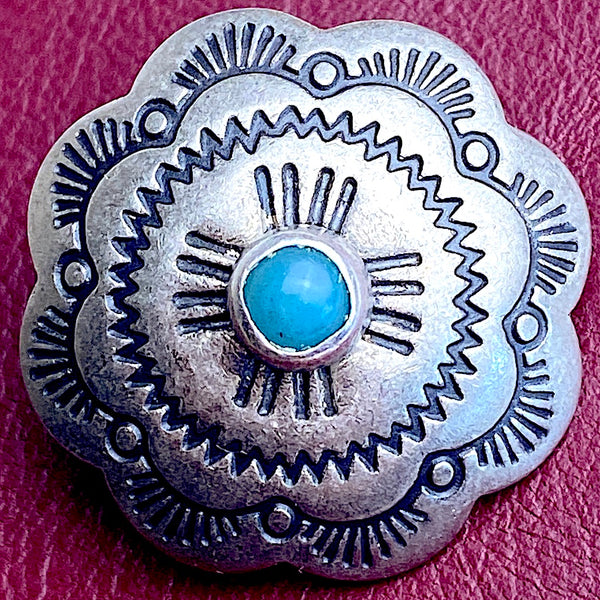 Re-Stocked, Blue Bead Sunrise 1" Concho Button Antique Silver, Scallop Edge, "Turquoise",  Shank Back  #SW-224