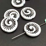 Black + White Ammonite Swirl, Czech Glass Opaque Beads 11/16" / 18mm, Pack of 6 Beads  #L-340