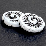 Black + White Ammonite Swirl, Czech Glass Opaque Beads 11/16" / 18mm, Pack of 6 Beads  #L-340