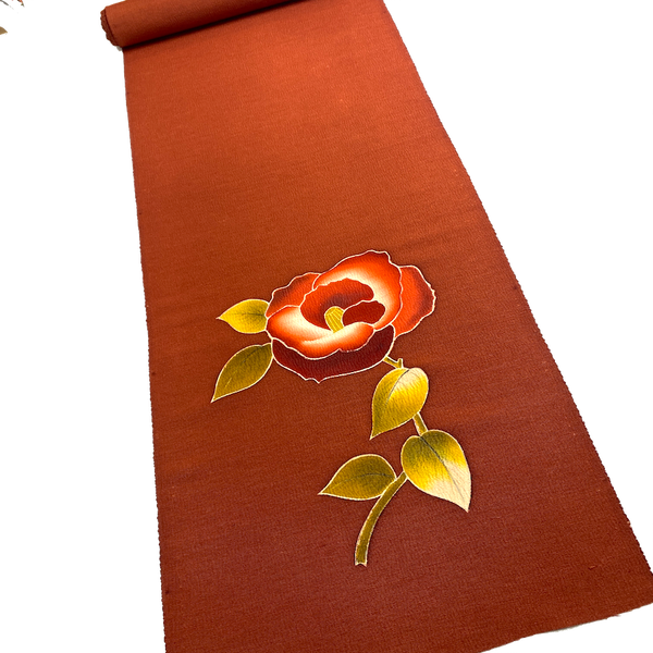 Rust Chirimen, Three Camellias on 3-5/8 Yard Piece, Vintage Kimono Silk Piece from Japan 13.5" x 130"  #776