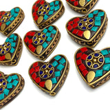 Brass, Red, Navy, Turquoise Large Mosaic Heart Beads, 1.25" Metal/Clay? Sold per Heart  #LP-126