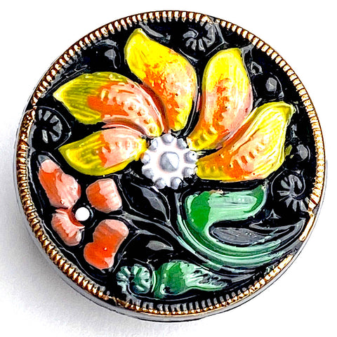 Black, Orange, Yellow, Green Czech Glass Hand Painted Flower Button 22mm / 7/8"  # CZ 242