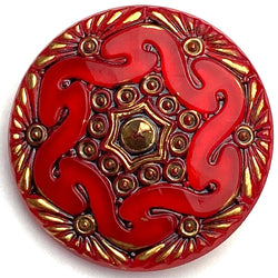 Red Handpainted Czech Lacy Glass Button, 1-1/16", Susan Clarke #SC1519F