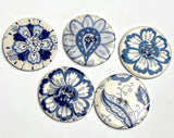 SALE Set of 5, Large Blue/White Hedgerow 1-1/2" Porcelain 2-Hole Buttons