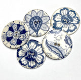 SALE Set of 5, Large Blue/White Hedgerow 1-1/2" Porcelain 2-Hole Buttons