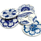SALE Set of 5, Large Blue/White Hedgerow 1-1/2" Porcelain 2-Hole Buttons