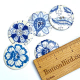 SALE Set of 5, Large Blue/White Hedgerow 1-1/2" Porcelain 2-Hole Buttons