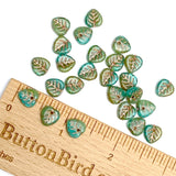 Re-Stocked, Czech Glass Bead, Small Green/Turquoise/Gold Leaf Drop, 3/8" / 9mm, 25 Beads, #L-886