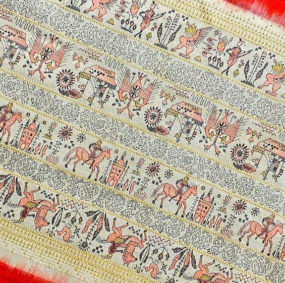 Coral Horses, Winged Lions and Ships, Still Loosely Basted Bolt of Arai-hari, Kimono Silk from Japan 11+ yards # 221