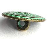 Re-Stocked, Green + Brass Daisy Swirls Metal Button  5/8" / 15mm  #L475