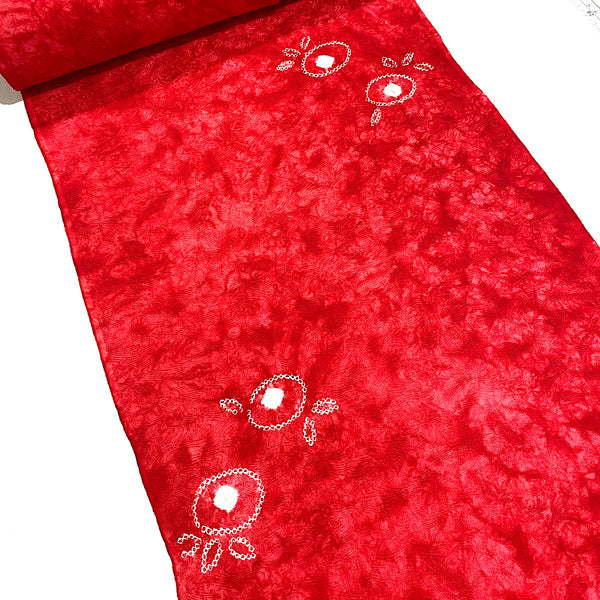 REMNANT Red Cherry Shibori Kimono Silk 7/8 Yard  #267